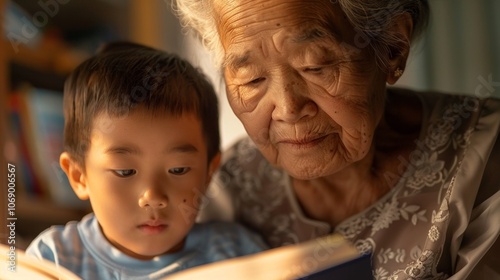 A happy scene of grandmother and grandson sharing a favorite story, filled with laughter.