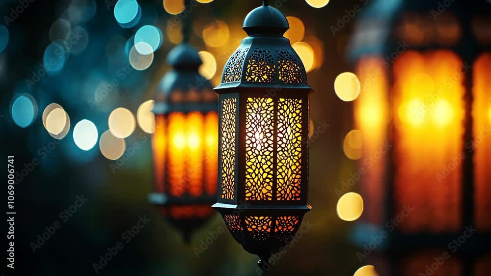 Ornate lanterns glow brightly in the evening, illuminating the night with warm light