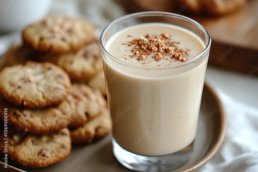 a glass of soy milk next to a plate of vegan cookies. a glass of soy milk next to a plate of vegan cookies.