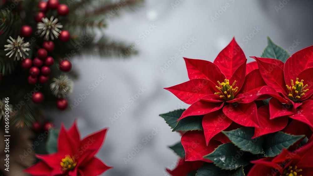 Vibrant poinsettia flowers on a bold red background, vibrant, winter Vibrant poinsettia flowers on a bold red background, vibrant, winter