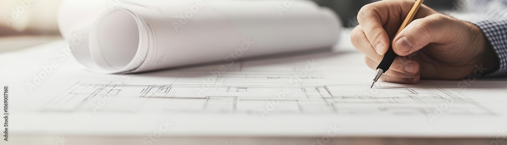 Close-up of architect's hand drawing on blueprints, renovation project underway, scale model on table, professional workspace, creative Close-up of architect's hand drawing on blueprints, renovation project underway, scale model on table, professional workspace, creative