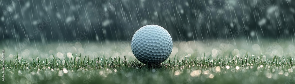 Golf ball resting on a tee, dramatic lighting, dewy grass, professional course backdrop, preparing for a powerful drive, sports concept Golf ball resting on a tee, dramatic lighting, dewy grass, professional course backdrop, preparing for a powerful drive, sports concept
