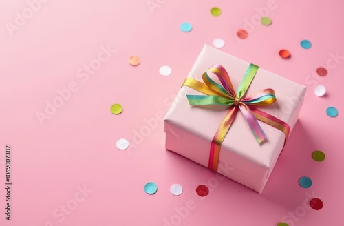 Gift box with colorful ribbons and confetti on pink background photo