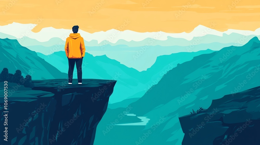 Naklejka premium A lone man stands on a cliff edge, overlooking a vast mountain range and a winding river. The sky is a vibrant orange and yellow, and the mountains are a deep blue-green.