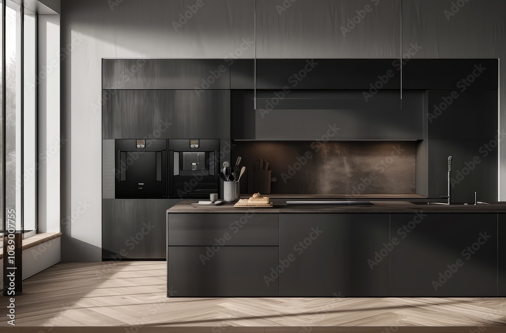 Modern Kitchen Interior with Elegant Black Cabinetry Modern Kitchen Interior with Elegant Black Cabinetry