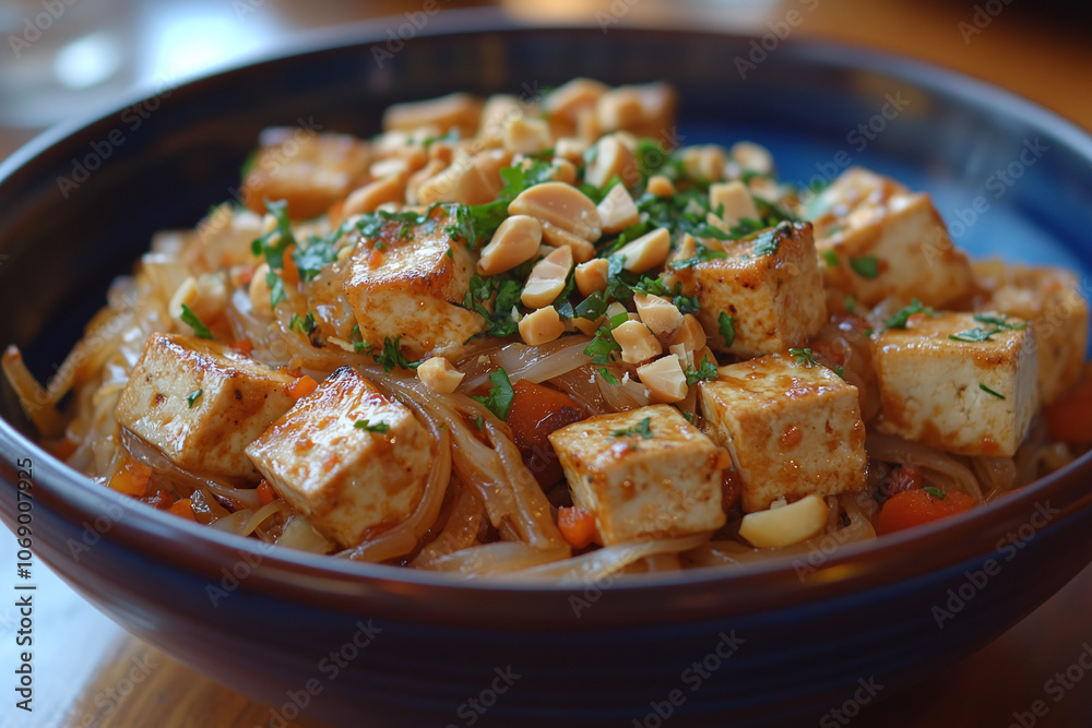 a vegan pad Thai with tofu and peanuts in a bowl. a vegan pad Thai with tofu and peanuts in a bowl.