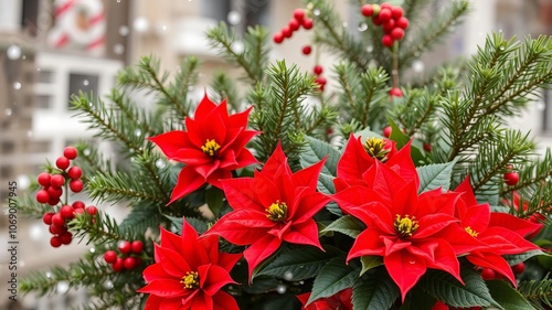 Vibrant red poinsettia flowers on a deep red background, bloom, petals