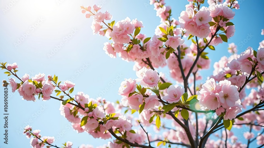 A beautiful cherry blossom tree in full bloom, with bright pink flowers scattered among the branches, against a clear blue sky, beauty, pink A beautiful cherry blossom tree in full bloom, with bright pink flowers scattered among the branches, against a clear blue sky, beauty, pink