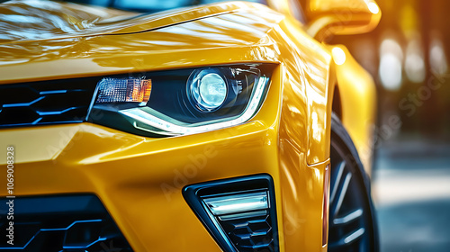 Close up of a yellow sport car headlights