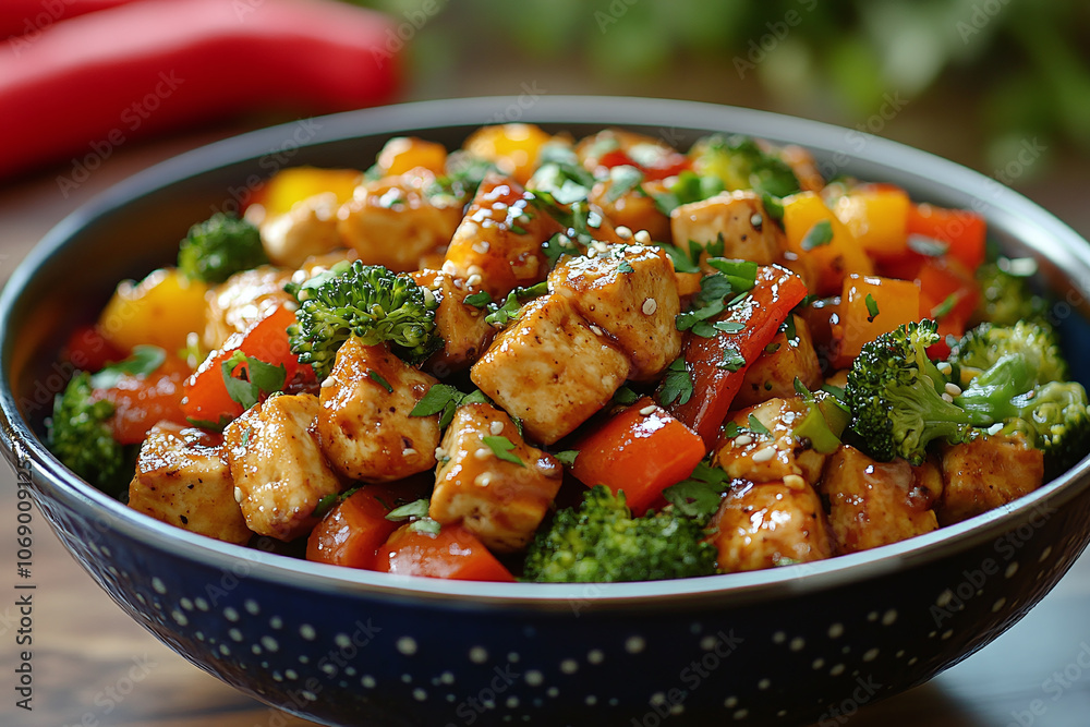 tofu stir fry with colorful bell peppers and broccoli in a bowl.