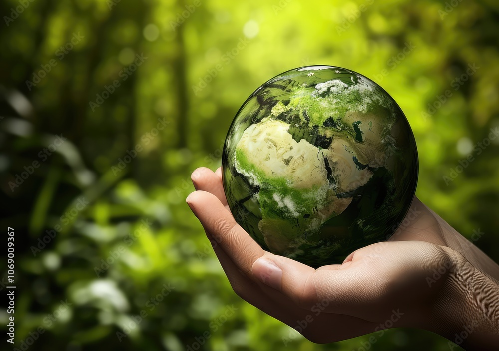 Hand Holding Earth Globe in Lush Forest Hand Holding Earth Globe in Lush Forest