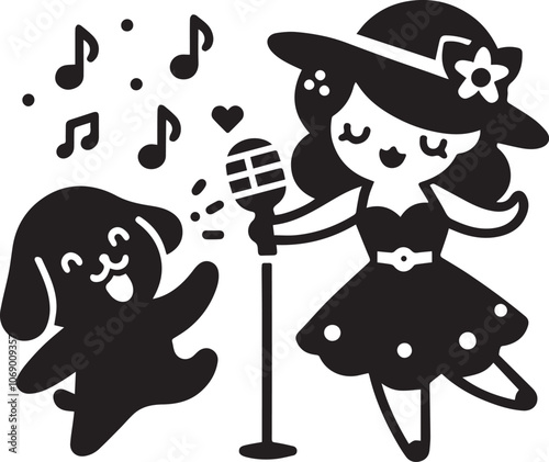 funny lovely and cute simple design, lady's singer and dancing dog silhouette