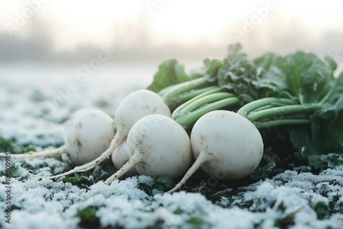 Freshly harvested turnips lying on frost-dusted ground, soft-focus field background, ample bottom copyspace for text, chilly winter ambiance photo