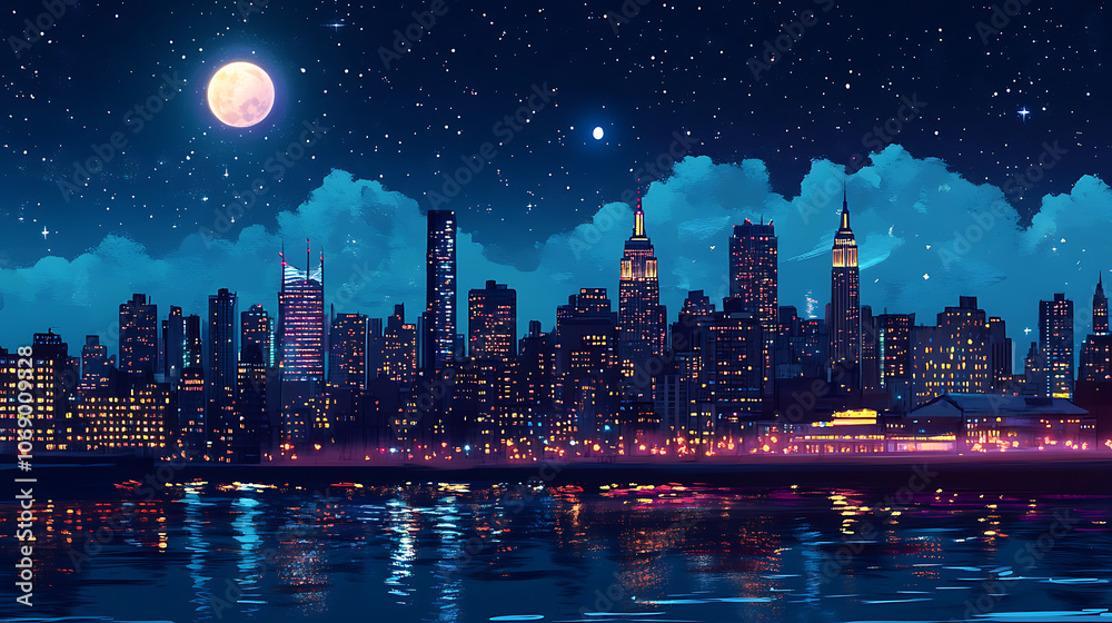 Obraz premium New York Skyline at night with Moon