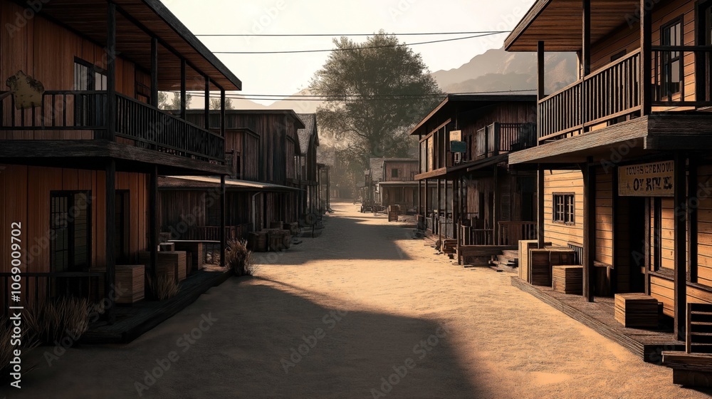 Fototapeta premium Dusty street of an old western town with wooden buildings and shadowed paths under a clear sky, evoking a historical frontier atmosphere
