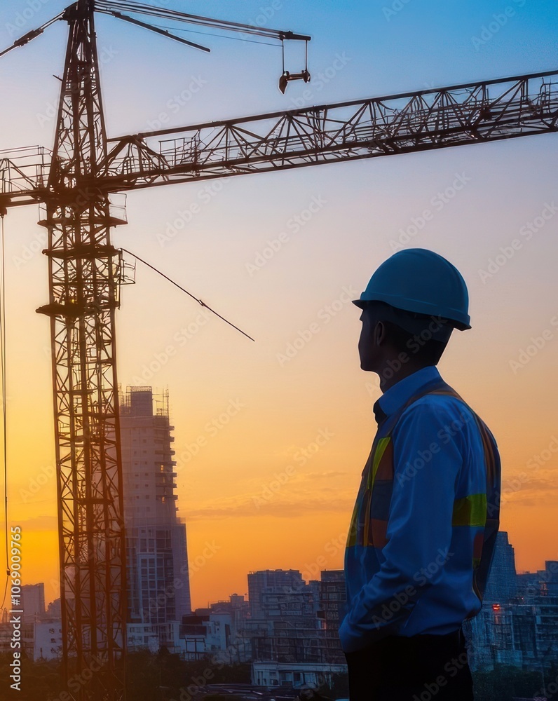 A construction worker observes a crane at sunset, symbolizing progress and industry. A construction worker observes a crane at sunset, symbolizing progress and industry.