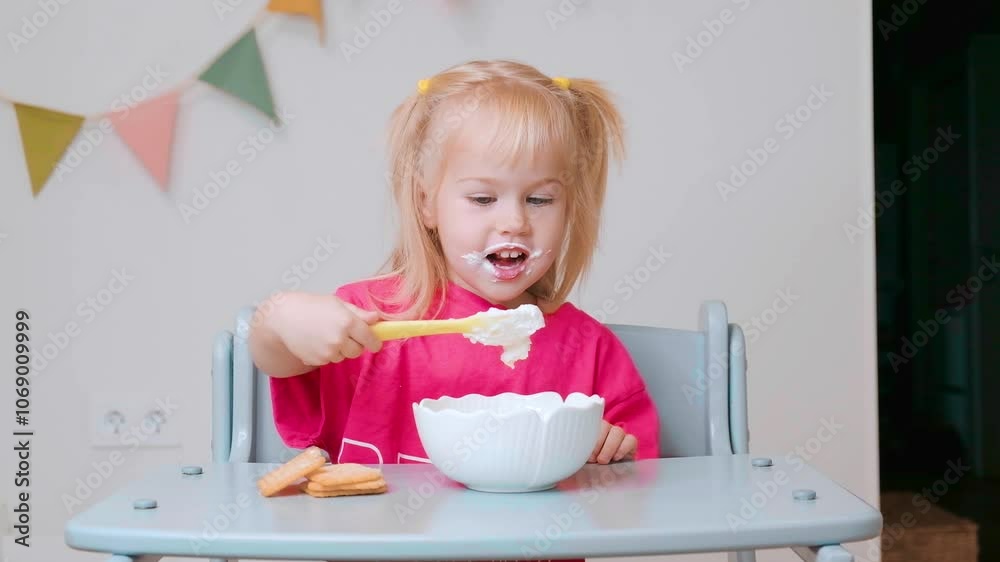 Cute little child toddler a Caucasian girl is sitting at a high chair and eating cottage cheese with cookies, self-feeding concept. Cute little child toddler a Caucasian girl is sitting at a high chair and eating cottage cheese with cookies, self-feeding concept.