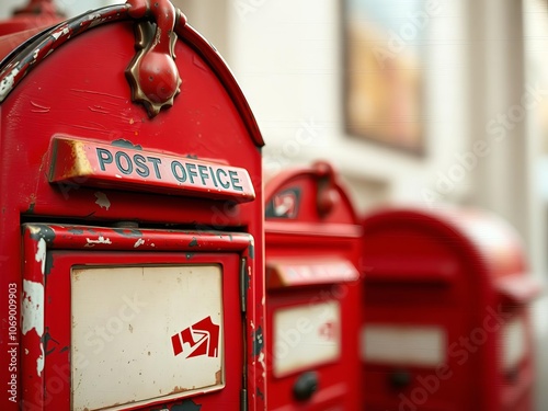 A close-up shot of a vintage mailbox with faded red paint and brass details against a blurred background of a bustling post office, red, close-up photo