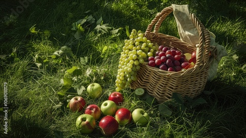 Fresh Fruit Basket on Sunny Grass Outdoors photo