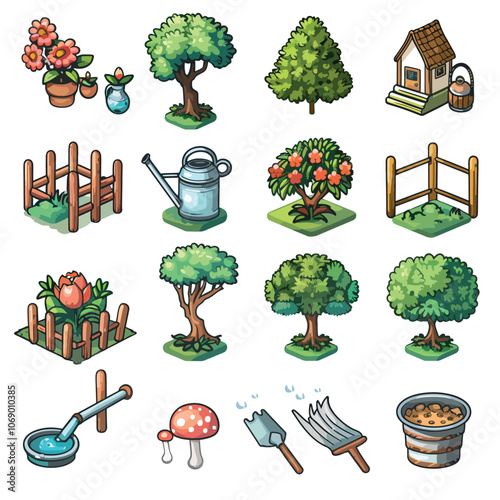 Gardening tools (shovel, rake, watering can) Plants 