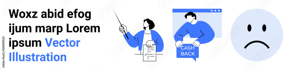 Typographic elements, figure with pointer, man holding cashback sign, sad emoticon. Ideal for business, marketing, finance, presentations, teaching, customer engagement emotional representation Typographic elements, figure with pointer, man holding cashback sign, sad emoticon. Ideal for business, marketing, finance, presentations, teaching, customer engagement emotional representation