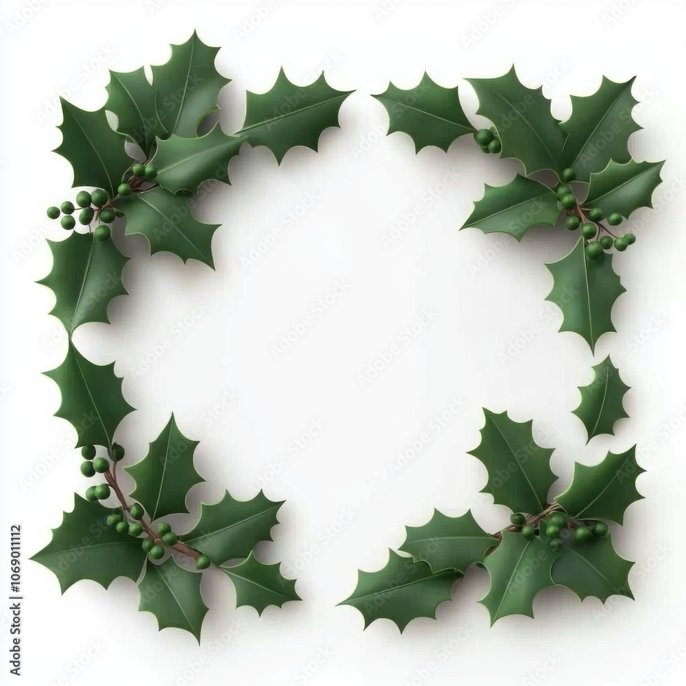 Fototapeta premium A decorative wreath made of glossy green holly leaves and berries, perfect for festive occasions or holiday designs.