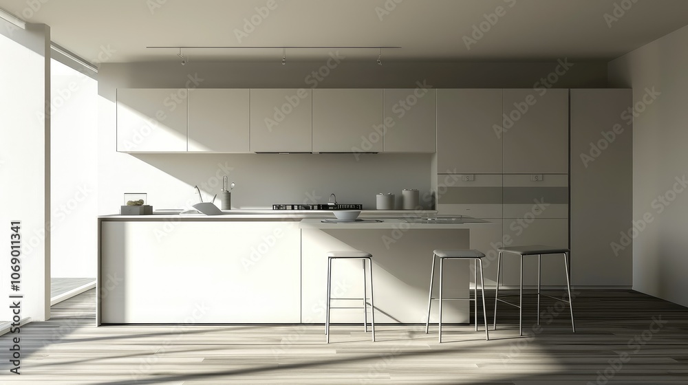 Fototapeta premium Modern Minimalist White Kitchen with Morning Light