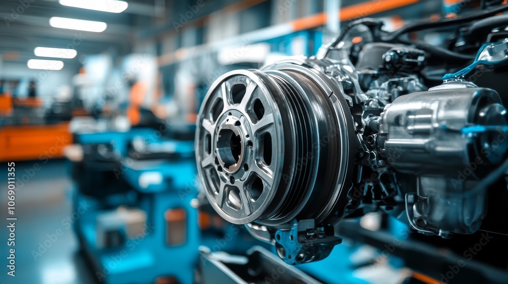 Fototapeta premium Car flywheel assembly details are shown in a workshop, part of engine repair work