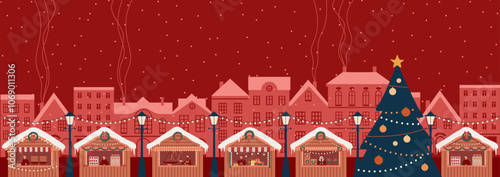 Winter night city panorama. Christmas market and Fun fair, New Year decorations.  Europe town skyline cityscape.