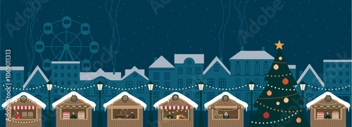 Winter night city panorama. Christmas market and Fun fair, New Year decorations. Snowy street with colorful european houses. Europe town skyline cityscape.