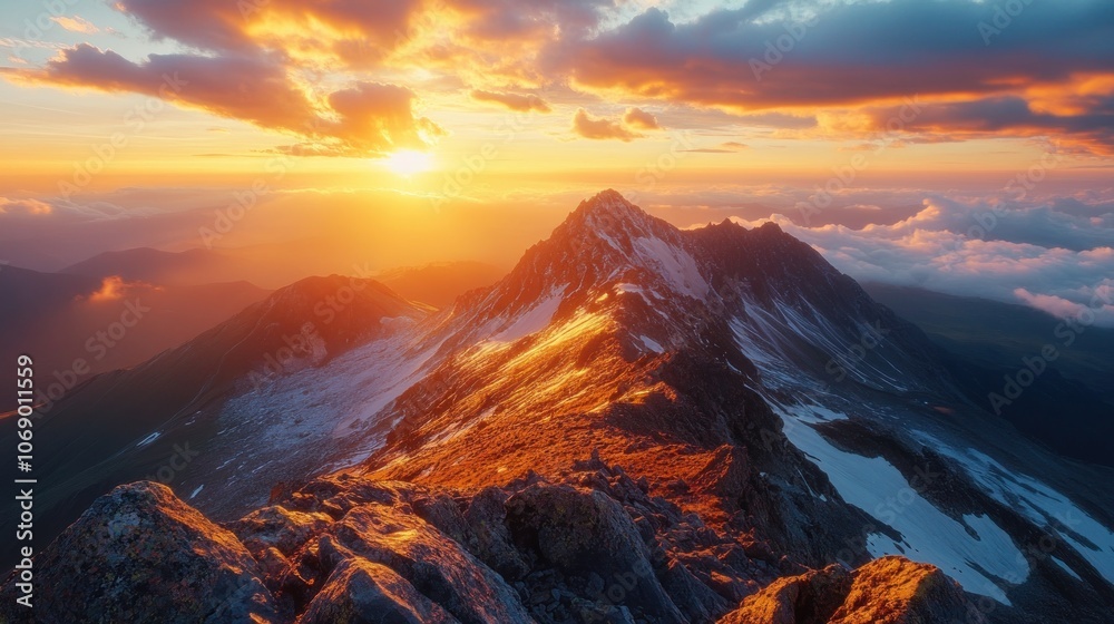 Fototapeta premium A majestic mountain peak illuminated by a vibrant sunset, casting long shadows across the landscape. The sky is ablaze with warm colors, creating a breathtaking spectacle.