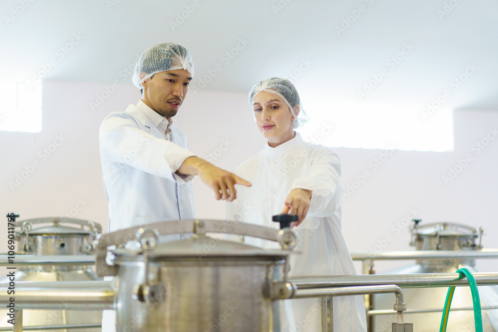 Quality control officer are examining in beverage manufacturing factory. Quality control officer are examining in beverage manufacturing factory.