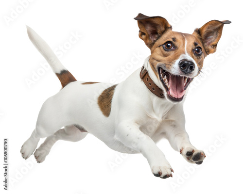 Joyful dog jumping with excitement, showcasing its playful spirit and energy. Isolated on transparent or white background.