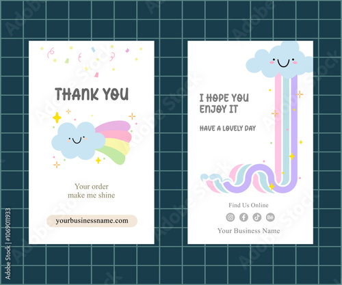 adorable rainbow cloud hand drawn for business thank you card template 
