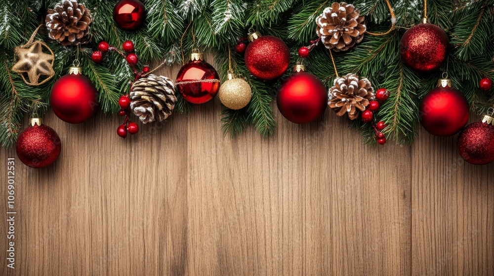 A festive arrangement of Christmas ornaments and pine cones on a wooden surface, evoking holiday spirit. A festive arrangement of Christmas ornaments and pine cones on a wooden surface, evoking holiday spirit.