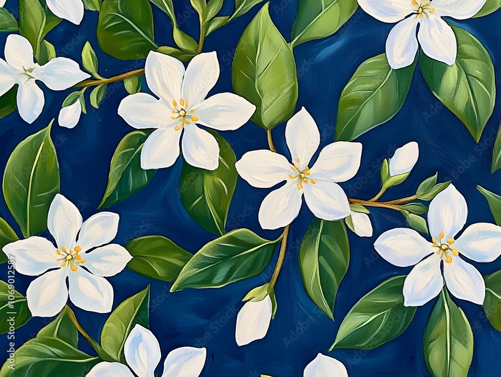 Exquisite Acrylic Painting of Delicate Winter Jasmine Flowers Contrasting Against a Rich Blue Background Exquisite Acrylic Painting of Delicate Winter Jasmine Flowers Contrasting Against a Rich Blue Background