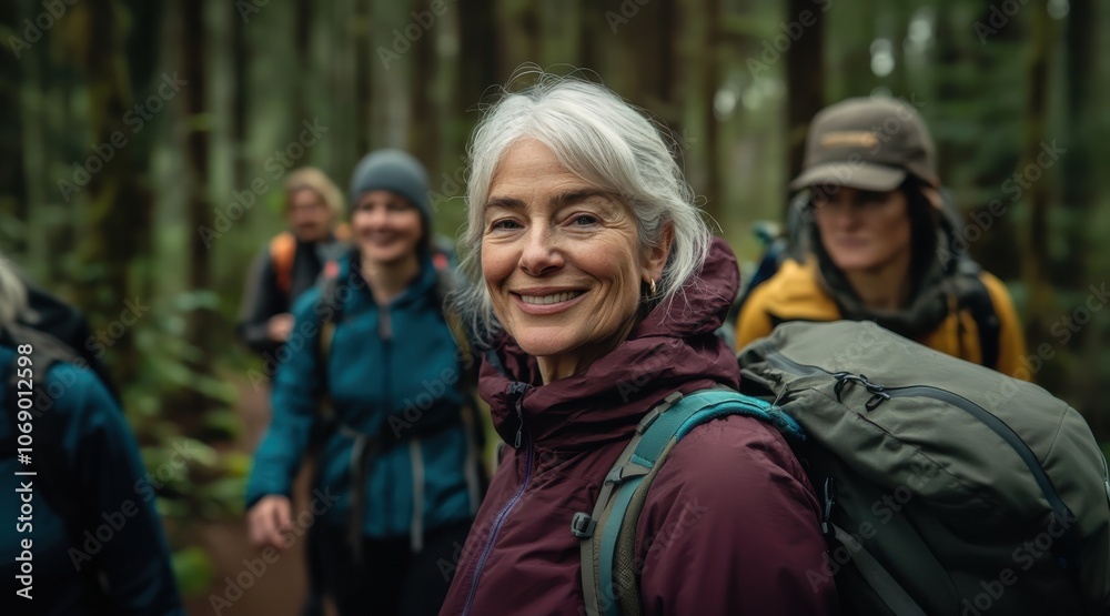 Happy senior woman with a group of friends hiking in a lush forest. Happy senior woman with a group of friends hiking in a lush forest.