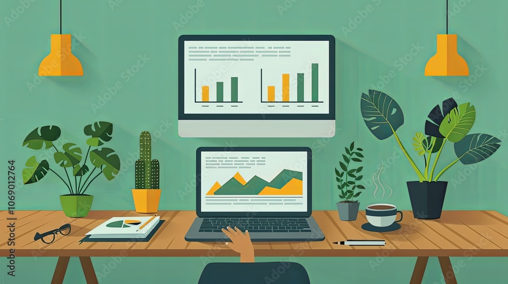 A person analyzing financial charts on a laptop, desk with notepad and coffee, business finance and investment concept, sleek modern design A person analyzing financial charts on a laptop, desk with notepad and coffee, business finance and investment concept, sleek modern design