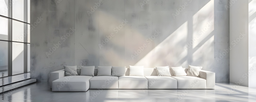 A minimalist living room with a white sectional sofa and large windows, showcasing natural light. A minimalist living room with a white sectional sofa and large windows, showcasing natural light.