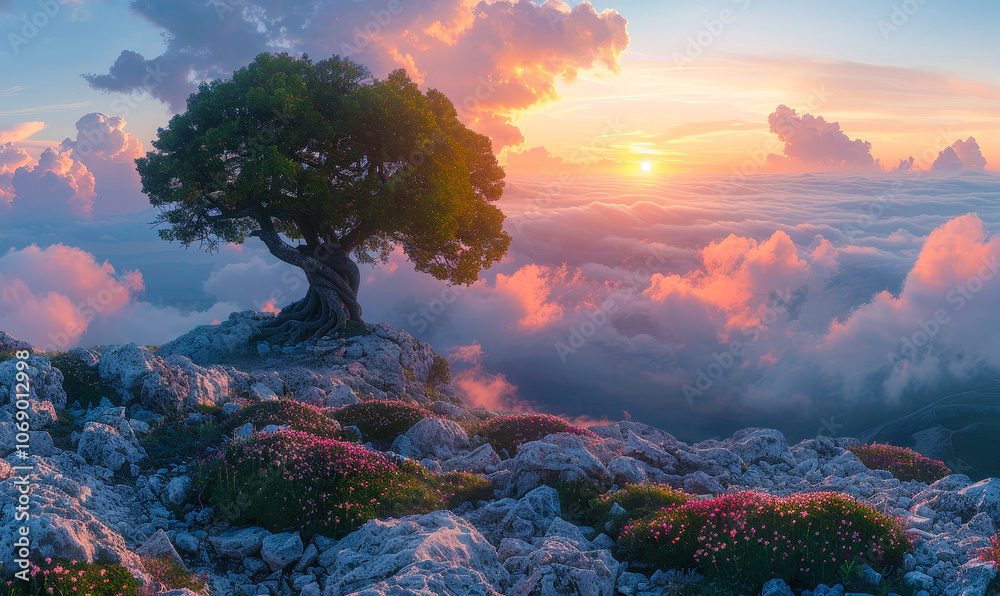 Solitary Tree on Rocky Cliff at Sunset: Serene Panoramic Landscape with Vibrant Colors and Dramatic Sky Solitary Tree on Rocky Cliff at Sunset: Serene Panoramic Landscape with Vibrant Colors and Dramatic Sky