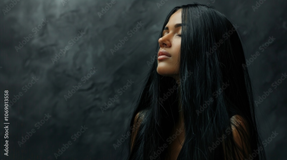 Fototapeta premium A woman with long black hair and closed eyes, turning to the right, set against a grey background, creates a moody, dramatic image.