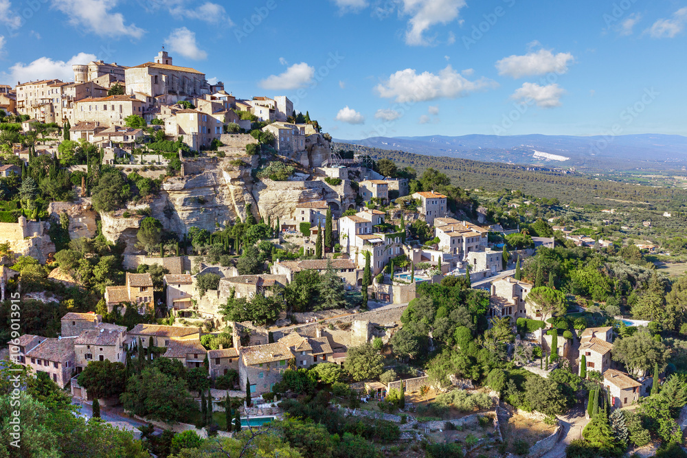 Fototapeta premium GORDES, PROVENCE, FRANCE: aerial view of traditional hilltop village, one of the most beautiful villages of France,