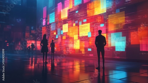 Silhouettes of people standing in front of a large wall of colorful glowing squares, representing data and information.