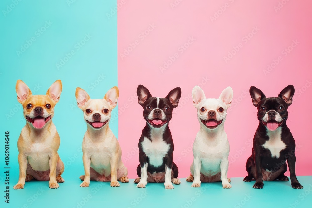French Bulldog Lineup: Five adorable French Bulldogs in various colors sit in a row against a vibrant pink and blue background, showcasing their playful and charming personalities.  