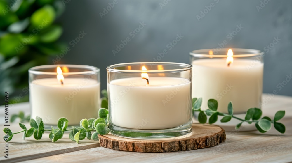 Serene still life, three candles glowing amidst green leaves on a rustic wooden table, creating calming ambiance Serene still life, three candles glowing amidst green leaves on a rustic wooden table, creating calming ambiance