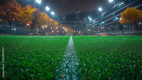 Nighttime Sports Field with Bright Lights and Green Grass