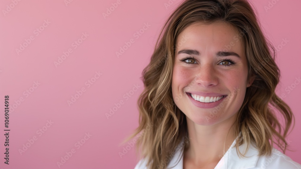Portrait of a kind brunette doctor against a pink background / women's health Portrait of a kind brunette doctor against a pink background / women's health