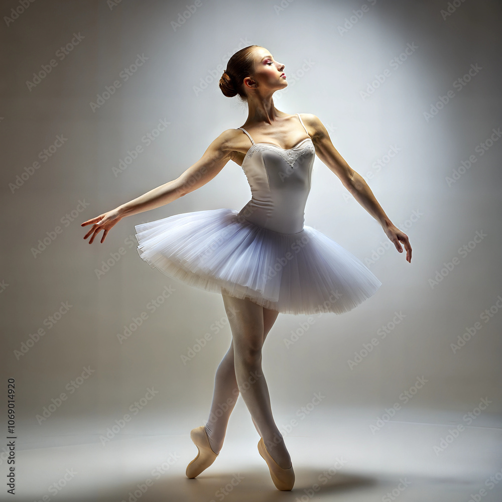 Graceful ballerina posing in white tutu under spotlight. Graceful ballerina posing in white tutu under spotlight.