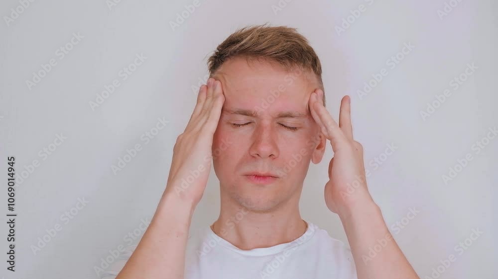 A young Caucasian man touches his head and winces in pain, the concept of migraines and headaches. A young Caucasian man touches his head and winces in pain, the concept of migraines and headaches.