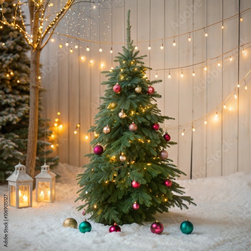 Christmas background with green spruce and fairy ball decorations